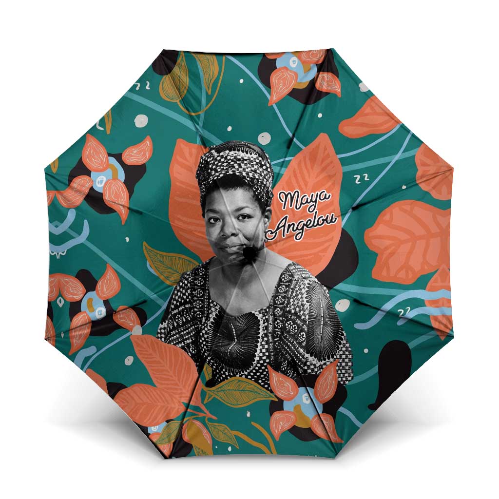 Maya Angelou Umbrella Inspirational Quote Design Vibrant Teal and Orange Leaf Motif - Wonder Print Shop