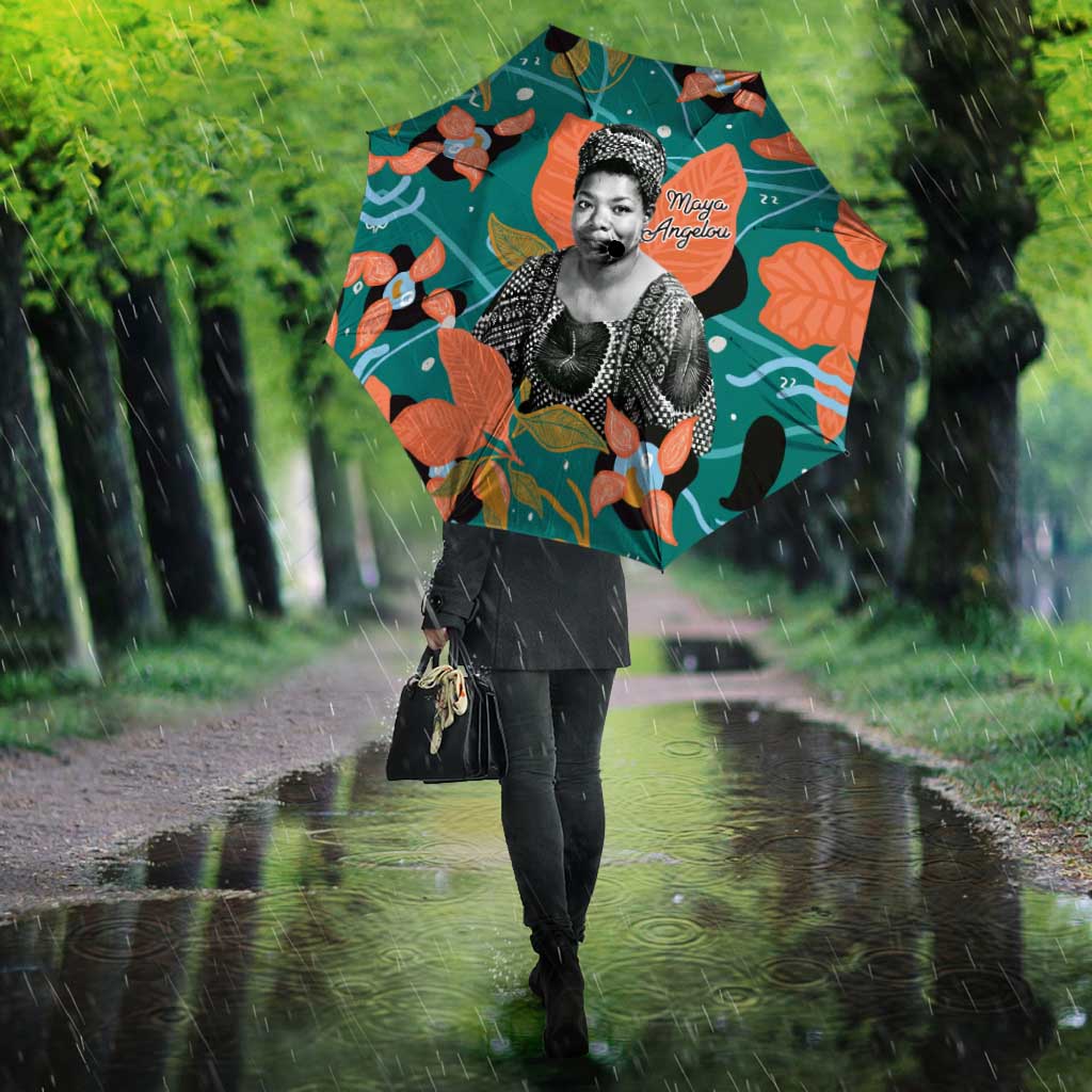 Maya Angelou Umbrella Inspirational Quote Design Vibrant Teal and Orange Leaf Motif - Wonder Print Shop