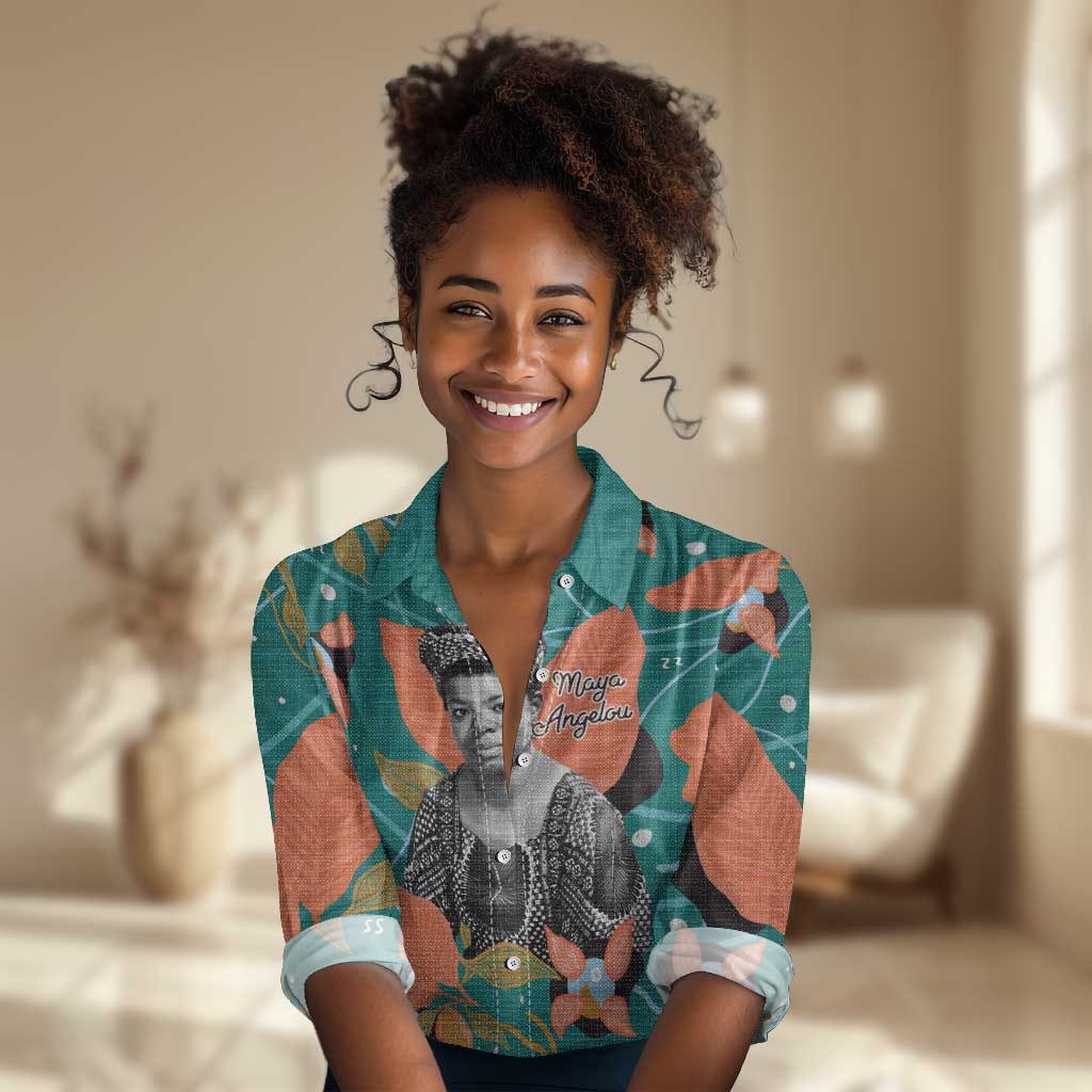 Maya Angelou Women Casual Shirt Inspirational Quote Design Vibrant Teal and Orange Leaf Motif - Wonder Print Shop