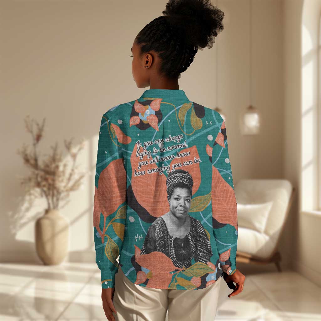 Maya Angelou Women Casual Shirt Inspirational Quote Design Vibrant Teal and Orange Leaf Motif - Wonder Print Shop