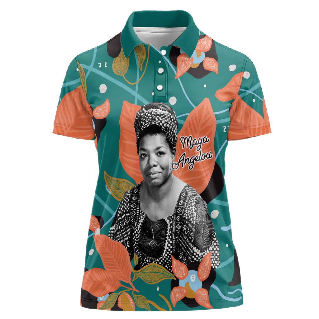 Maya Angelou Women Polo Shirt Inspirational Quote Design Vibrant Teal and Orange Leaf Motif - Wonder Print Shop