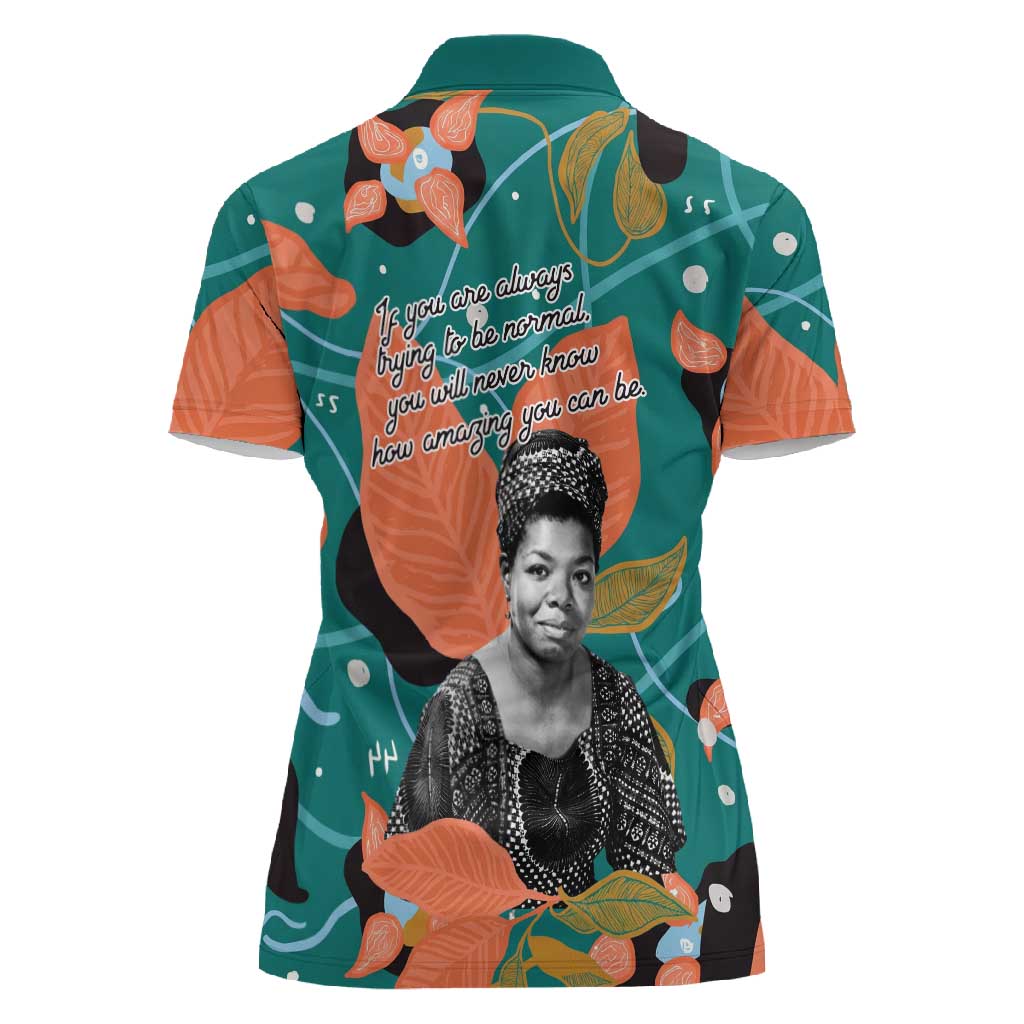 Maya Angelou Women Polo Shirt Inspirational Quote Design Vibrant Teal and Orange Leaf Motif - Wonder Print Shop