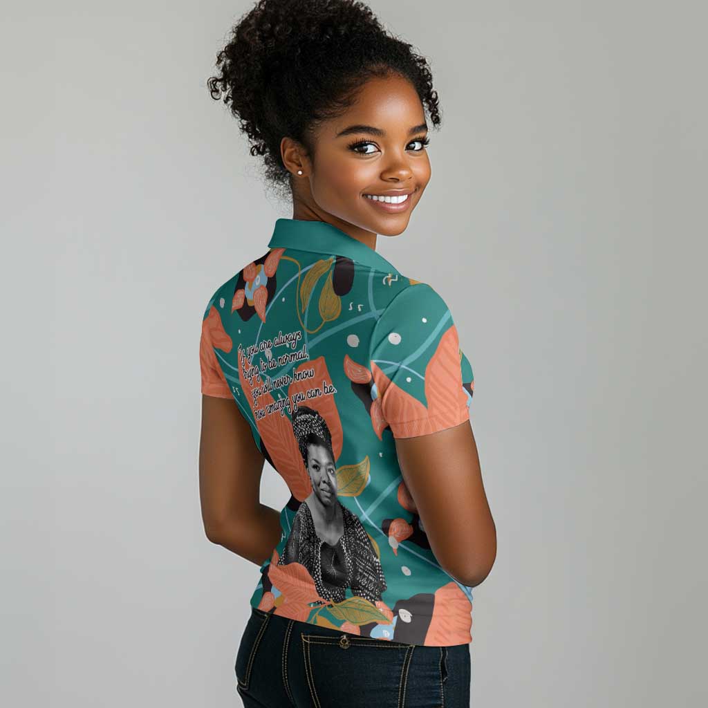 Maya Angelou Women Polo Shirt Inspirational Quote Design Vibrant Teal and Orange Leaf Motif - Wonder Print Shop