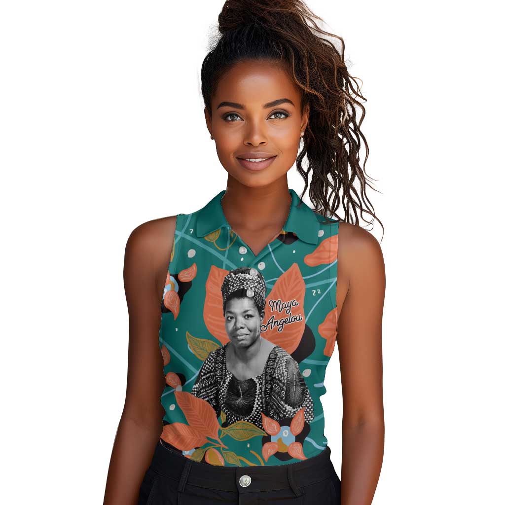 Maya Angelou Women Sleeveless Polo Shirt Inspirational Quote Design Vibrant Teal and Orange Leaf Motif - Wonder Print Shop