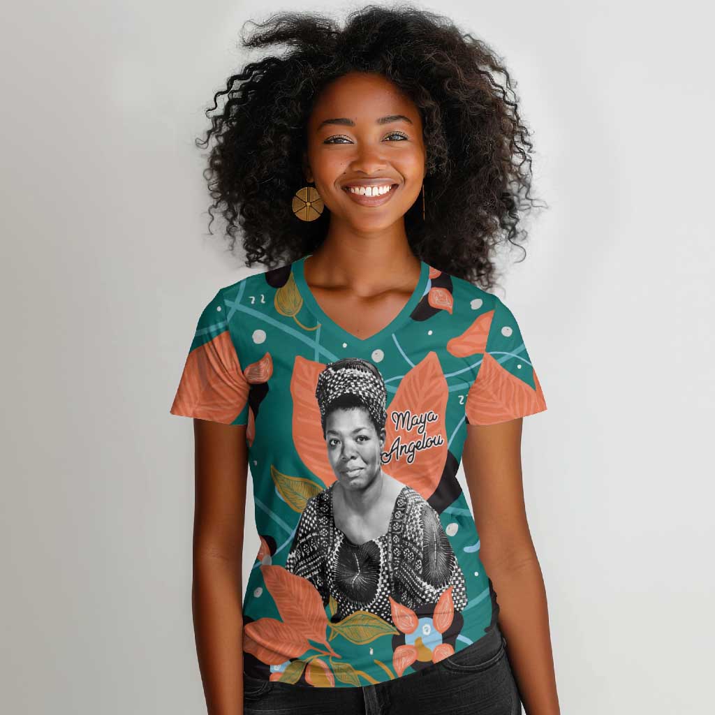 Maya Angelou Women V-Neck T-Shirt Inspirational Quote Design Vibrant Teal and Orange Leaf Motif - Wonder Print Shop