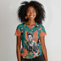 Maya Angelou Women V-Neck T-Shirt Inspirational Quote Design Vibrant Teal and Orange Leaf Motif - Wonder Print Shop