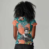 Maya Angelou Women V-Neck T-Shirt Inspirational Quote Design Vibrant Teal and Orange Leaf Motif - Wonder Print Shop