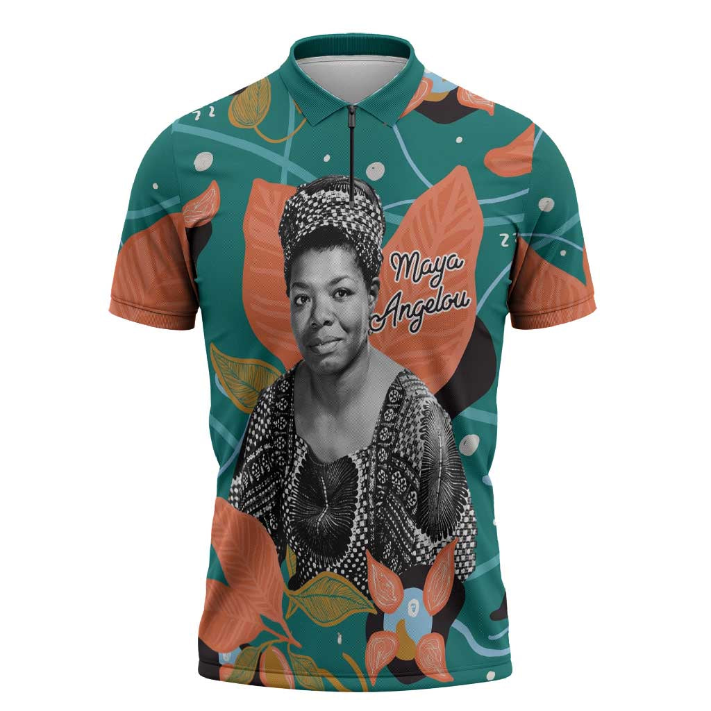Maya Angelou Zipper Polo Shirt Inspirational Quote Design Vibrant Teal and Orange Leaf Motif - Wonder Print Shop