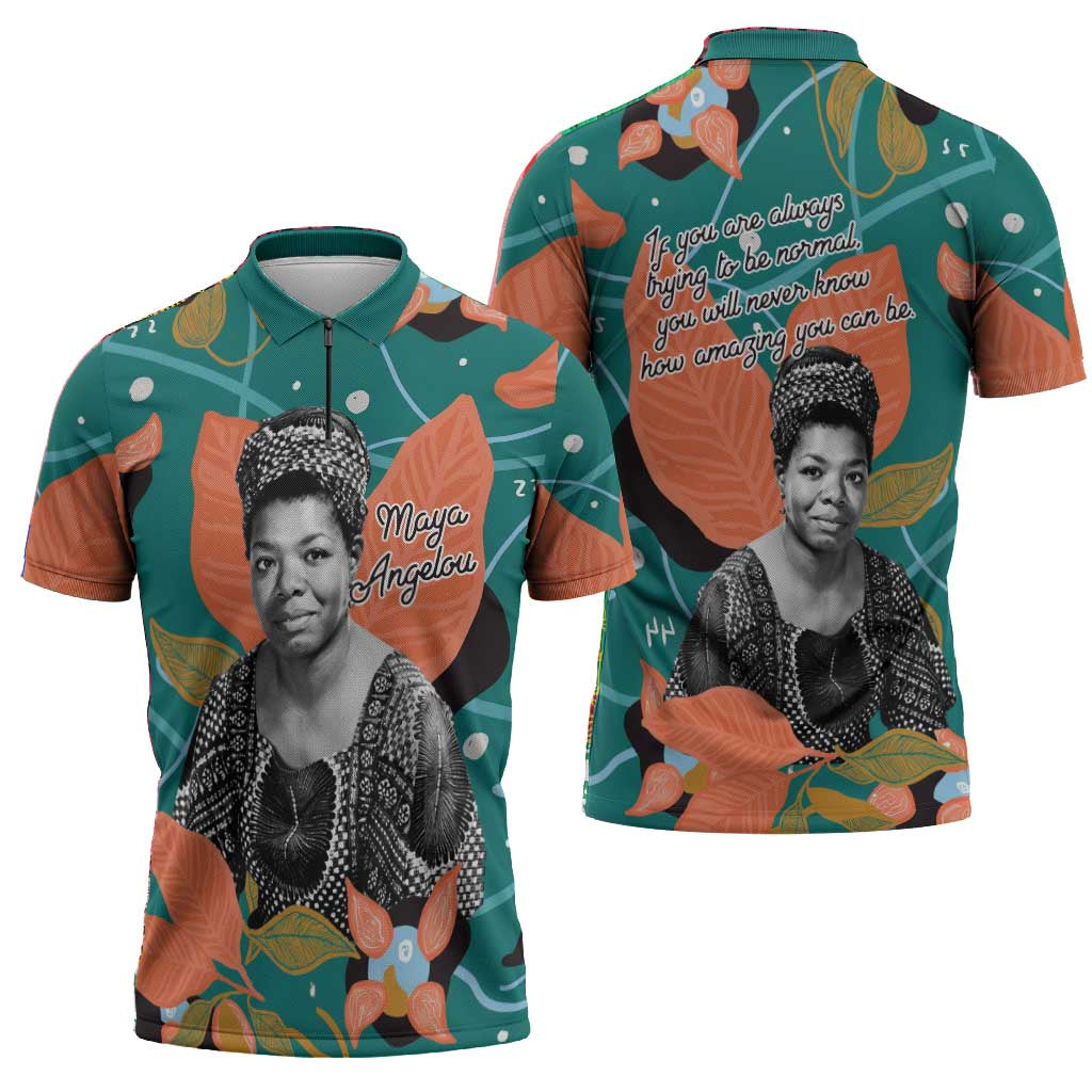 Maya Angelou Zipper Polo Shirt Inspirational Quote Design Vibrant Teal and Orange Leaf Motif - Wonder Print Shop