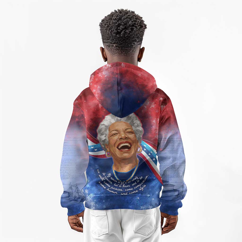 Maya Angelou Kid Hoodie Inspirational Life Mission Quote Celebration of Joy Passion and Compassion - Wonder Print Shop