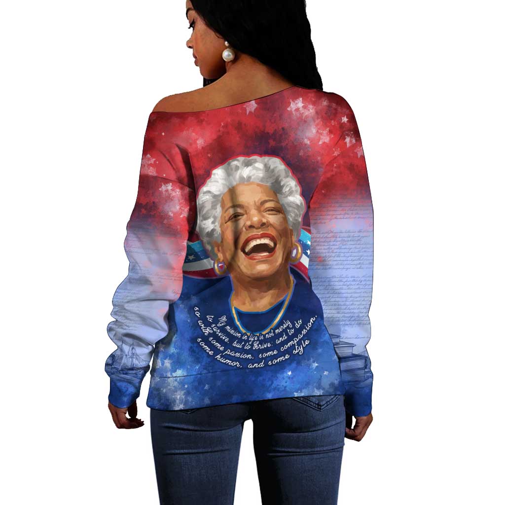 Maya Angelou Off Shoulder Sweater Inspirational Life Mission Quote Celebration of Joy Passion and Compassion - Wonder Print Shop