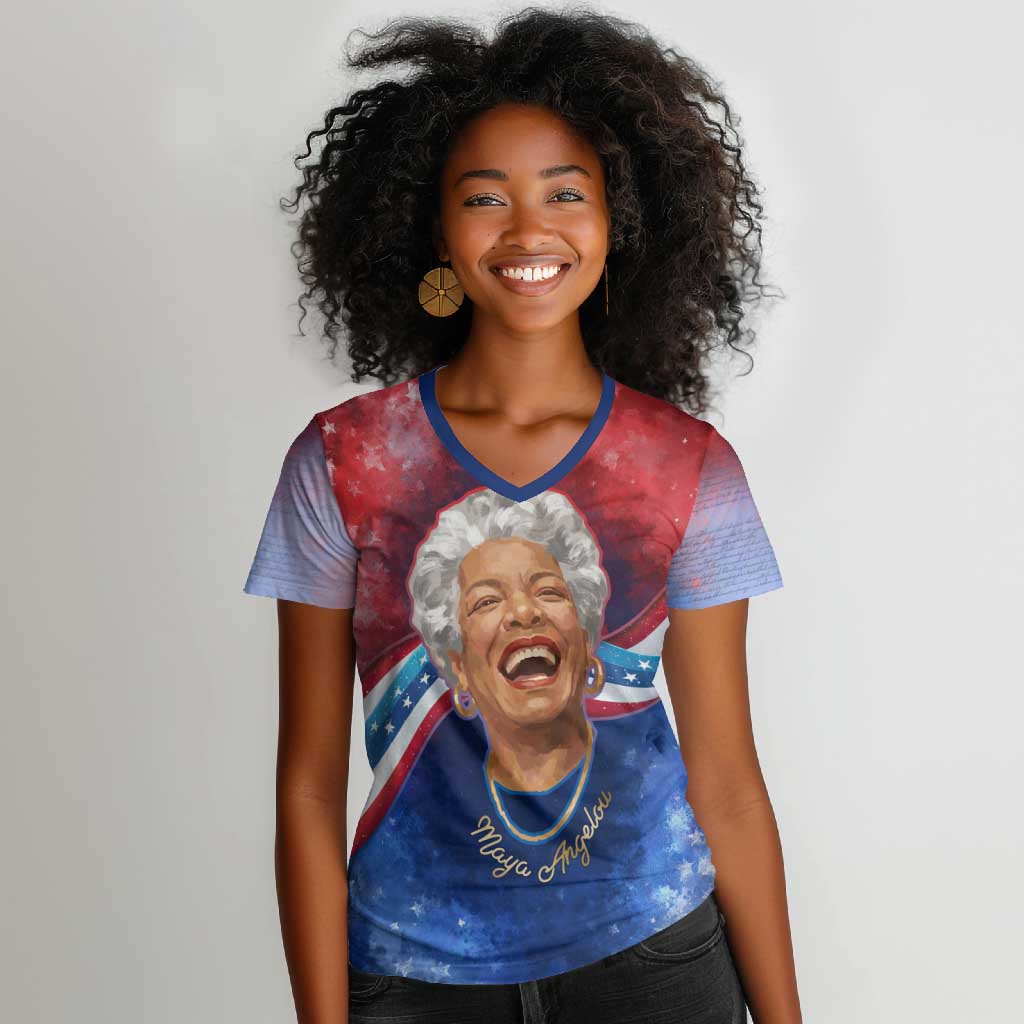 Maya Angelou Women V-Neck T-Shirt Inspirational Life Mission Quote Celebration of Joy Passion and Compassion - Wonder Print Shop