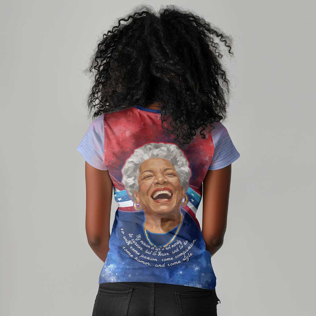 Maya Angelou Women V-Neck T-Shirt Inspirational Life Mission Quote Celebration of Joy Passion and Compassion - Wonder Print Shop