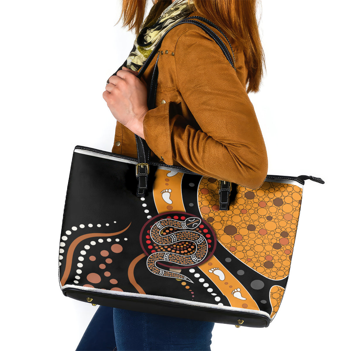 Aboriginal Snake Pattern Dot Art Leather Tote Bag - Wonder Print Shop