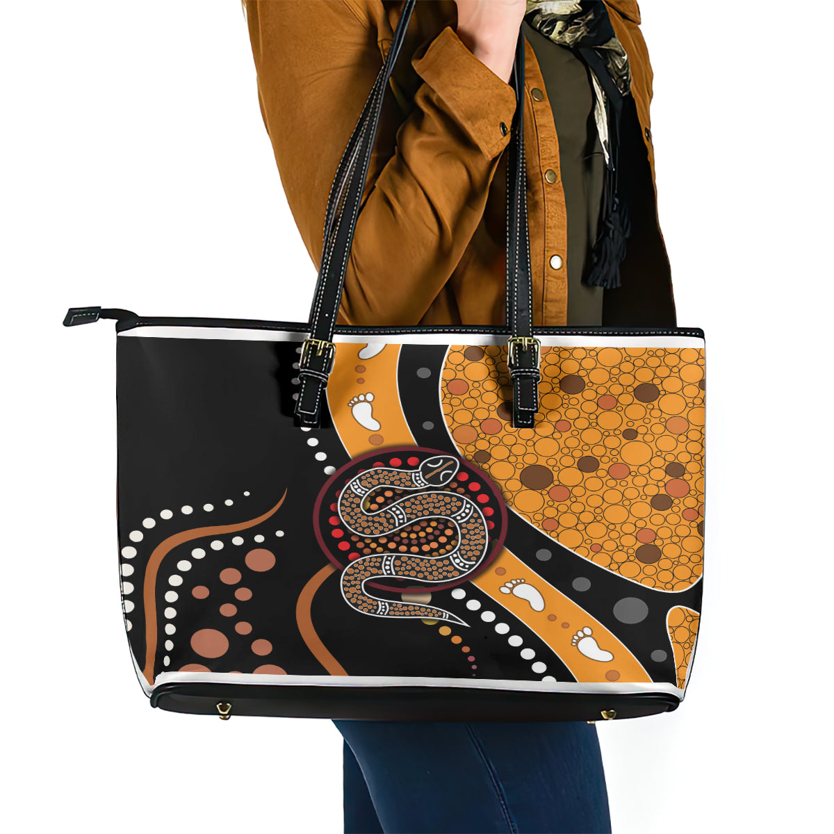 Aboriginal Snake Pattern Dot Art Leather Tote Bag - Wonder Print Shop