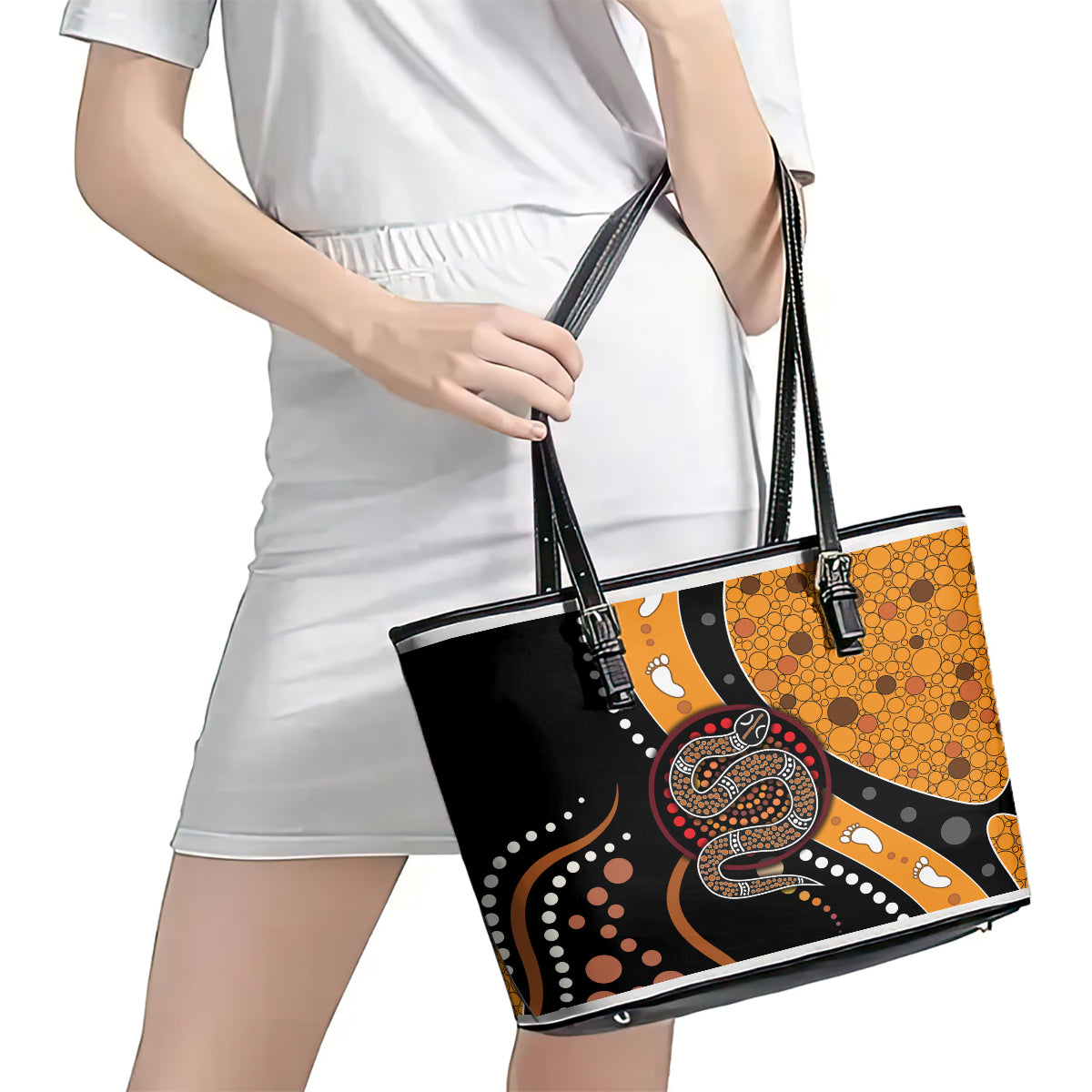 Aboriginal Snake Pattern Dot Art Leather Tote Bag - Wonder Print Shop