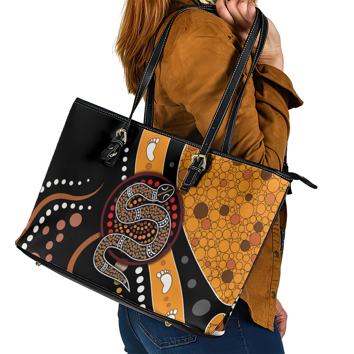 Aboriginal Snake Pattern Dot Art Leather Tote Bag - Wonder Print Shop