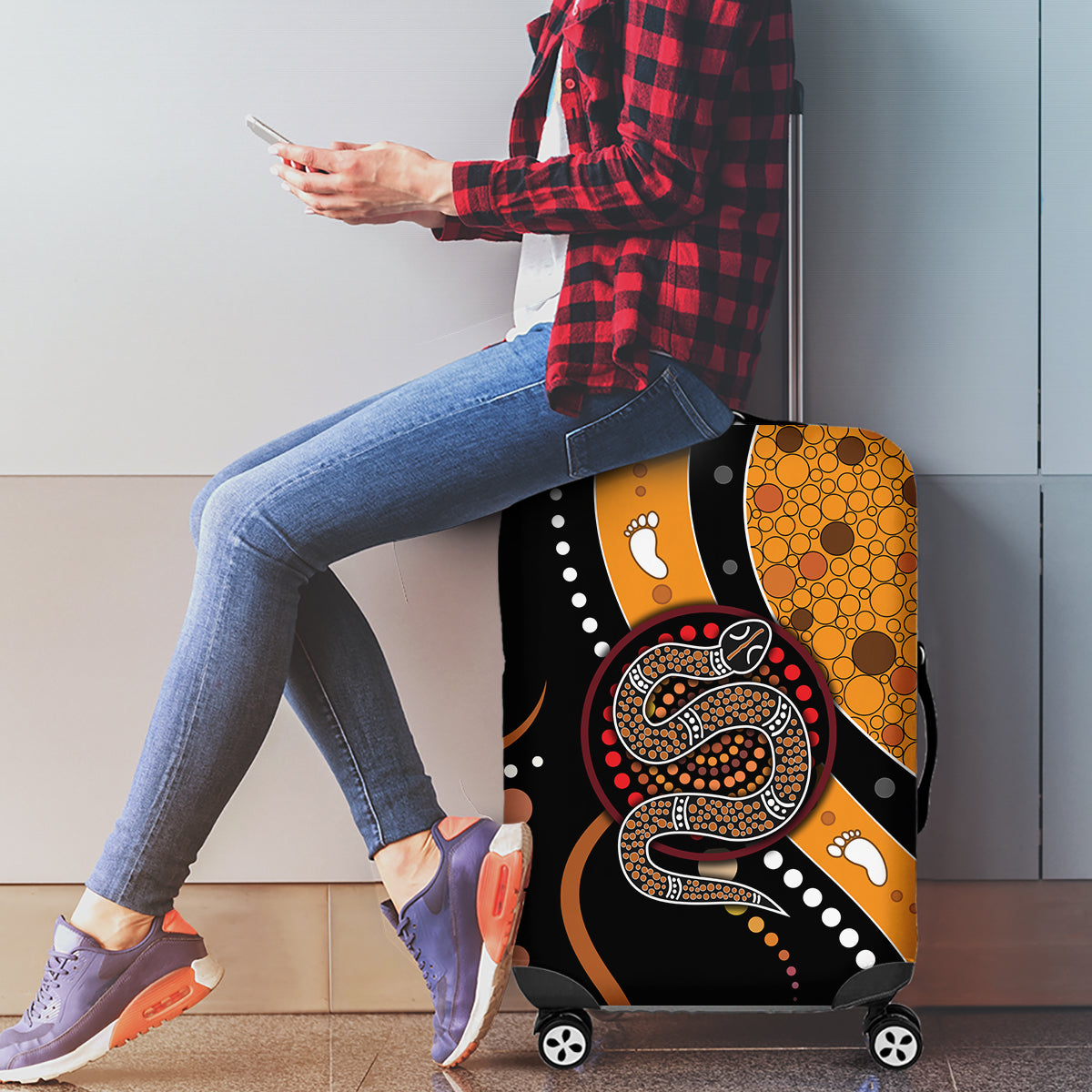 Aboriginal Snake Pattern Dot Art Luggage Cover - Wonder Print Shop