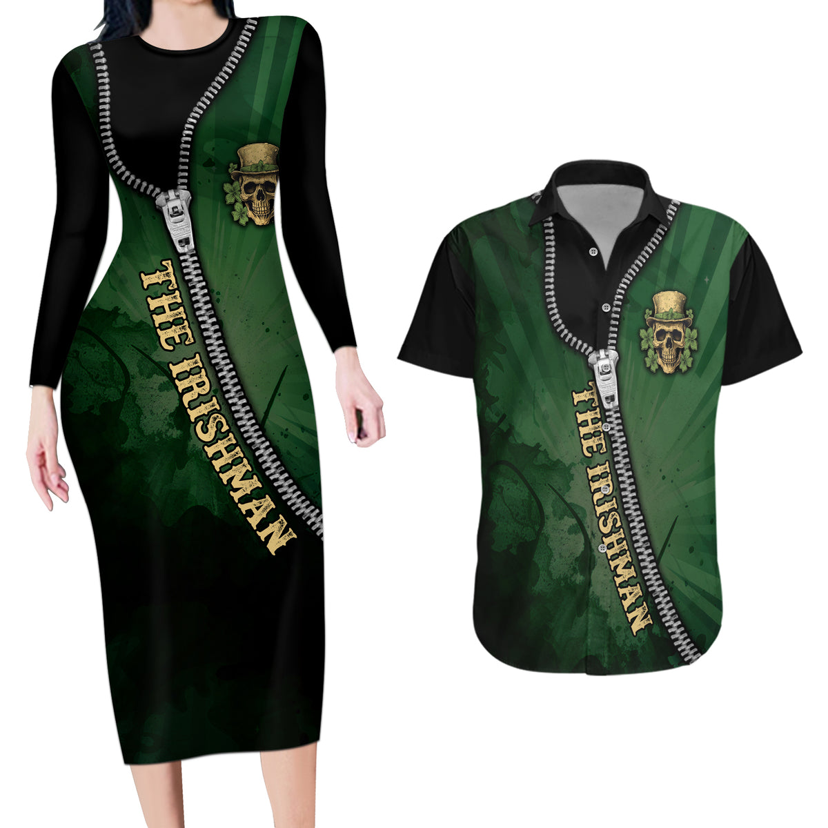 The Irish Man 3D Zip Art Couples Matching Long Sleeve Bodycon Dress and Hawaiian Shirt - Wonder Print Shop