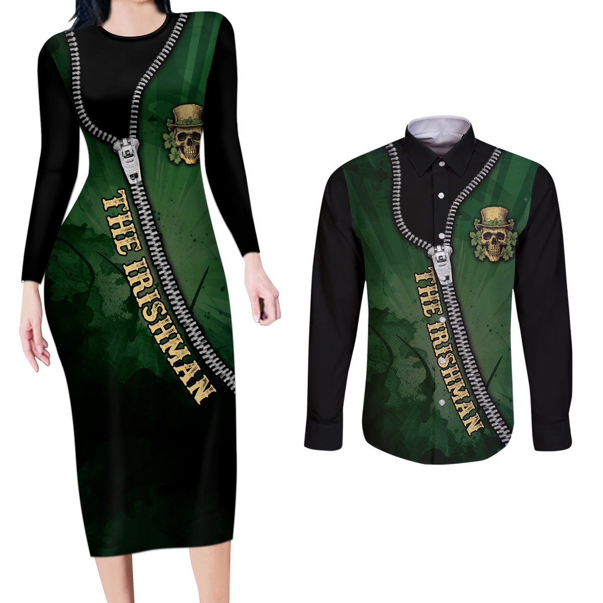 The Irish Man 3D Zip Art Couples Matching Long Sleeve Bodycon Dress and Long Sleeve Button Shirt - Wonder Print Shop