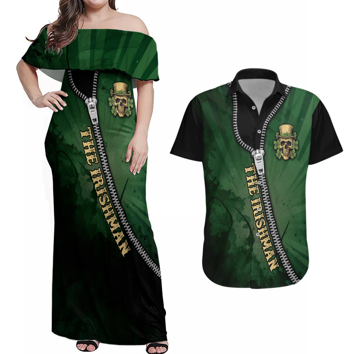 The Irish Man 3D Zip Art Couples Matching Off Shoulder Maxi Dress and Hawaiian Shirt - Wonder Print Shop