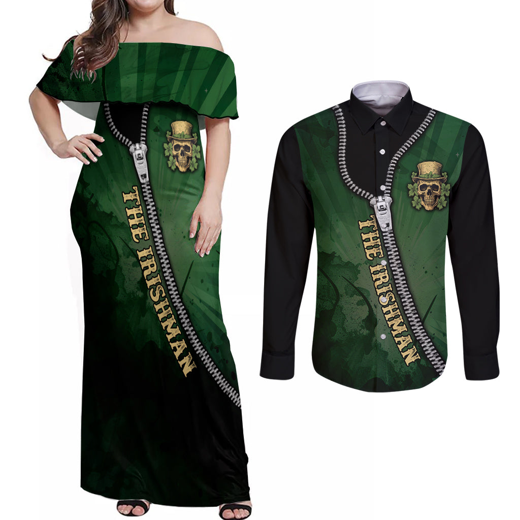 The Irish Man 3D Zip Art Couples Matching Off Shoulder Maxi Dress and Long Sleeve Button Shirt - Wonder Print Shop