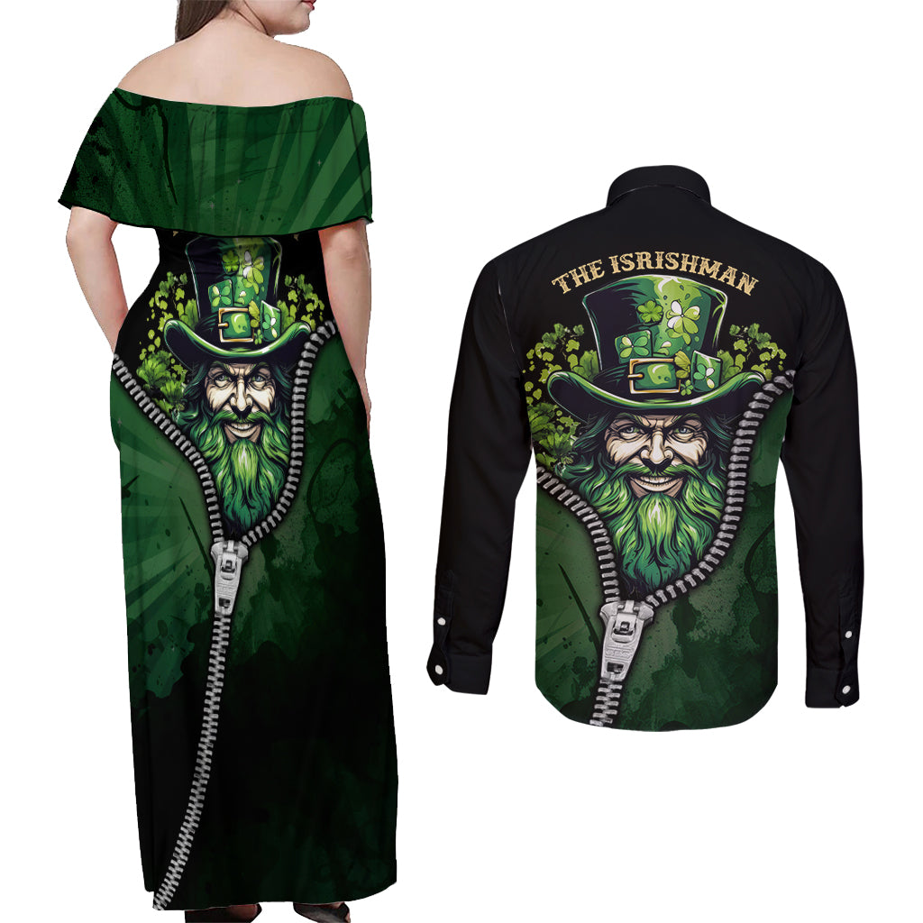 The Irish Man 3D Zip Art Couples Matching Off Shoulder Maxi Dress and Long Sleeve Button Shirt - Wonder Print Shop