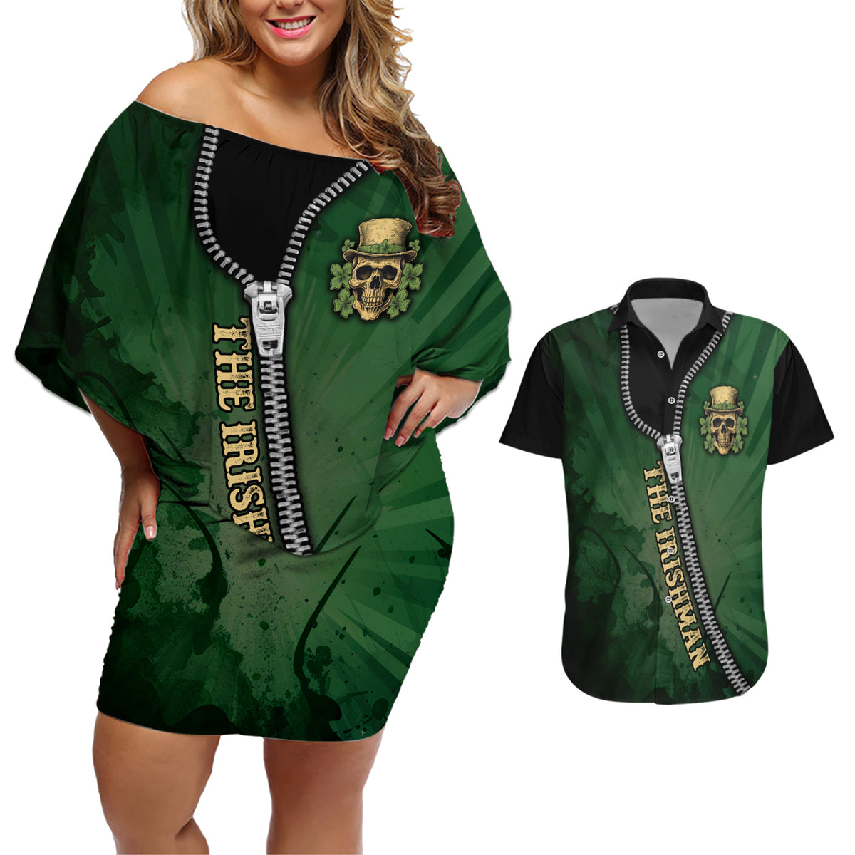 The Irish Man 3D Zip Art Couples Matching Off Shoulder Short Dress and Hawaiian Shirt - Wonder Print Shop
