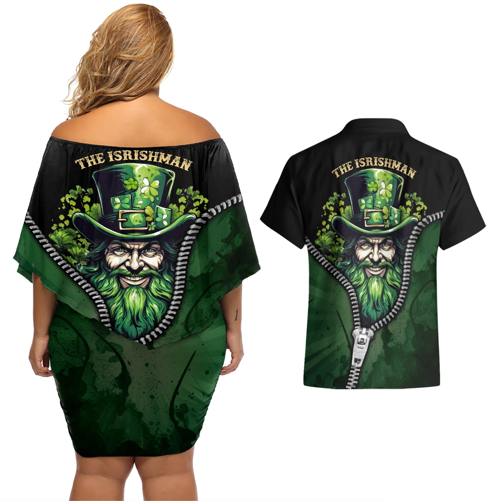 The Irish Man 3D Zip Art Couples Matching Off Shoulder Short Dress and Hawaiian Shirt - Wonder Print Shop