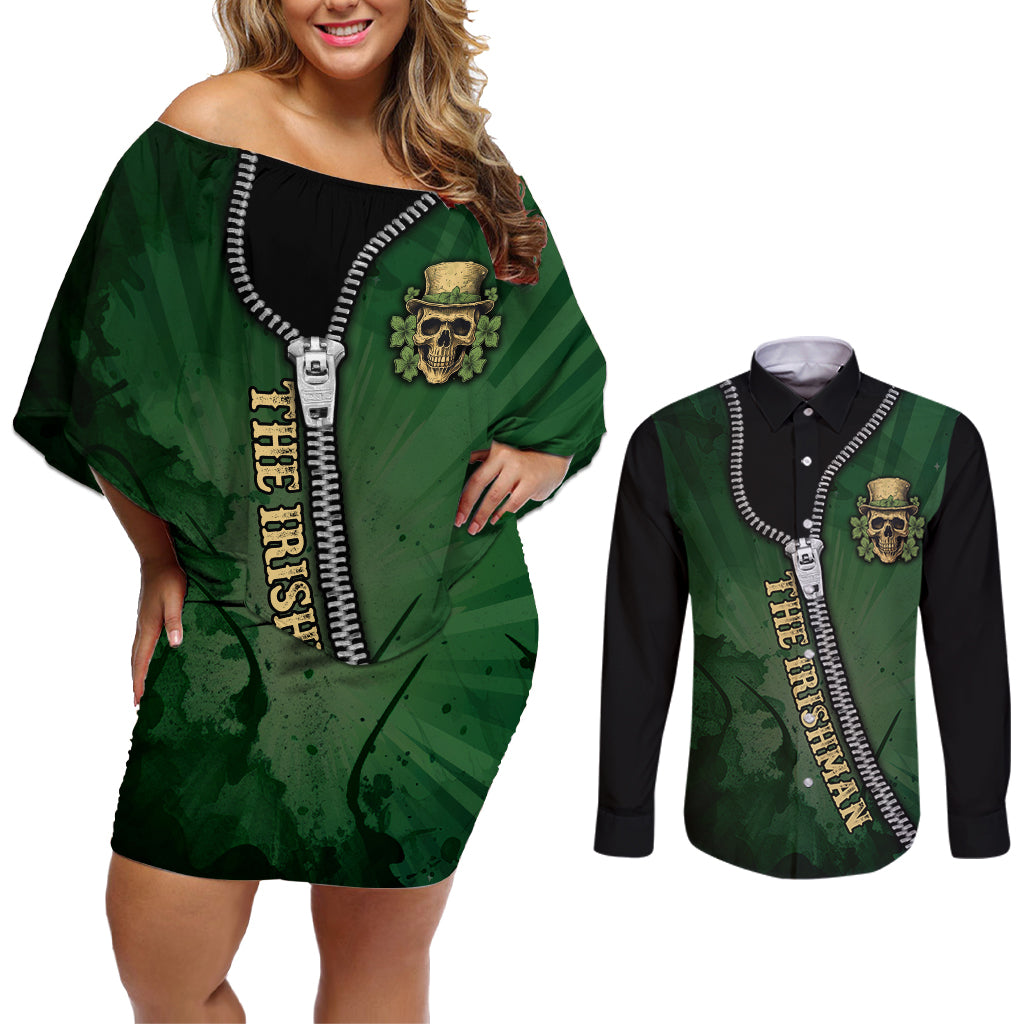 The Irish Man 3D Zip Art Couples Matching Off Shoulder Short Dress and Long Sleeve Button Shirt - Wonder Print Shop