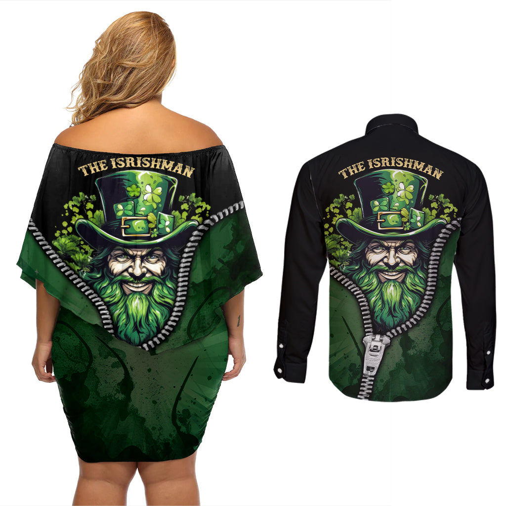 The Irish Man 3D Zip Art Couples Matching Off Shoulder Short Dress and Long Sleeve Button Shirt - Wonder Print Shop
