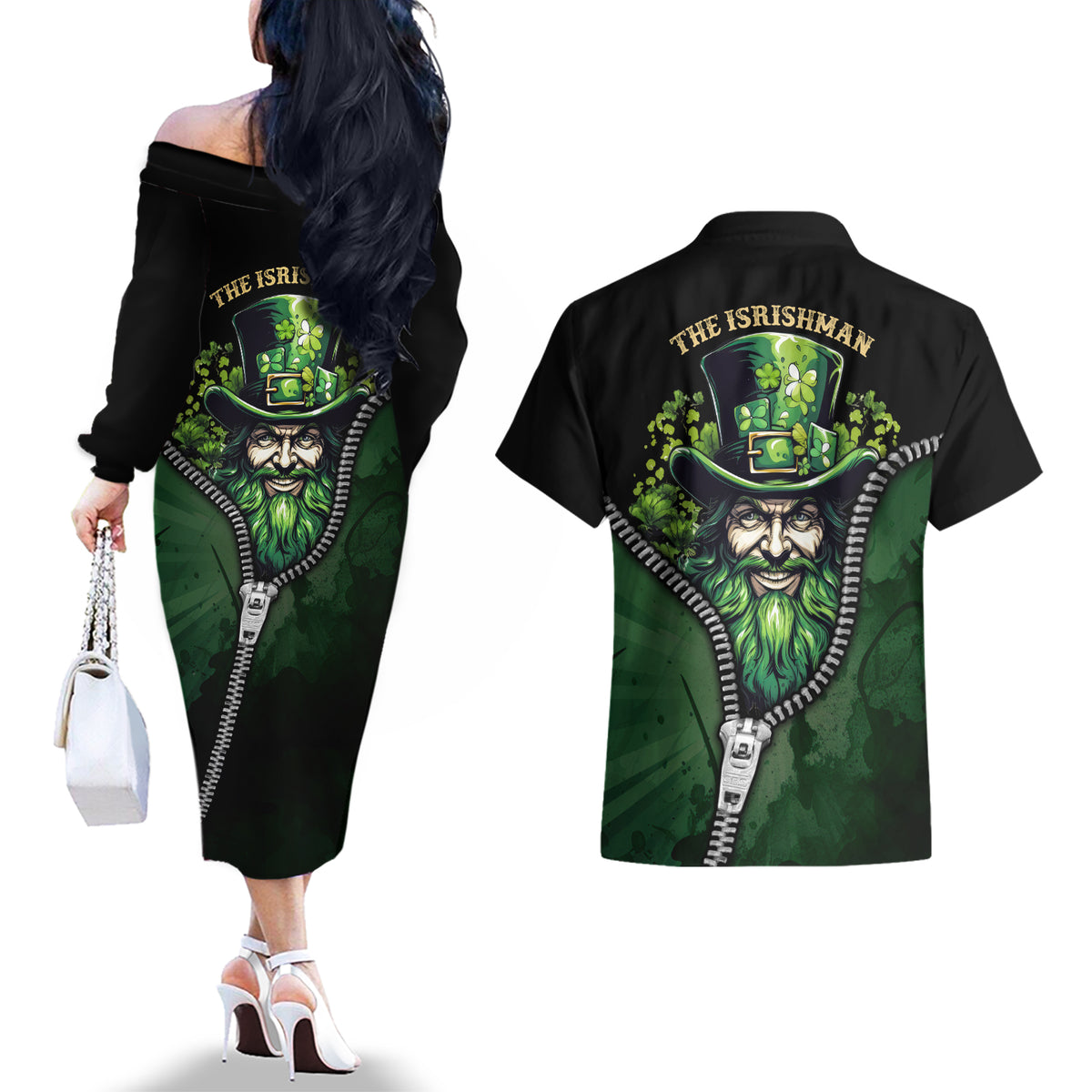 The Irish Man 3D Zip Art Couples Matching Off The Shoulder Long Sleeve Dress and Hawaiian Shirt - Wonder Print Shop