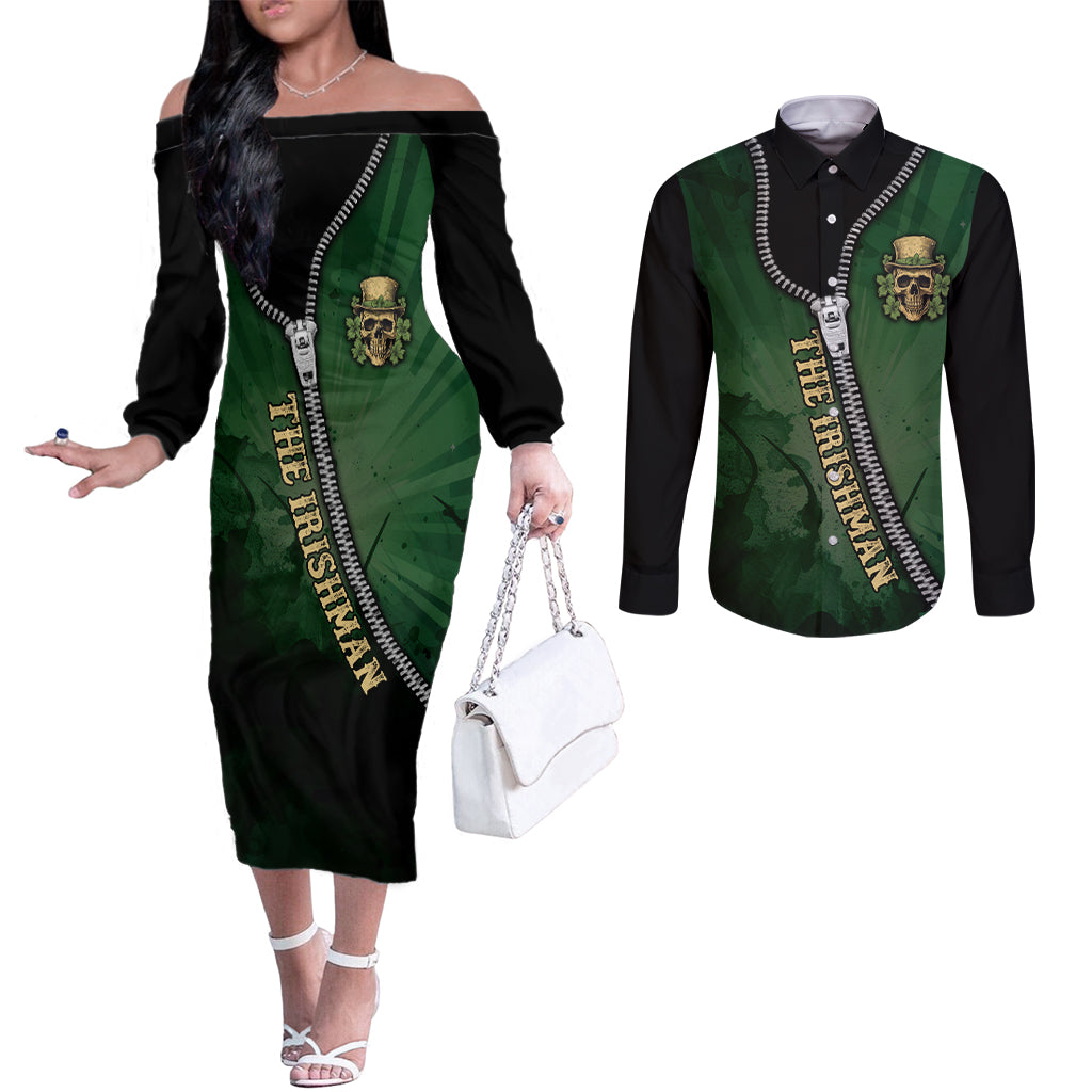 The Irish Man 3D Zip Art Couples Matching Off The Shoulder Long Sleeve Dress and Long Sleeve Button Shirt