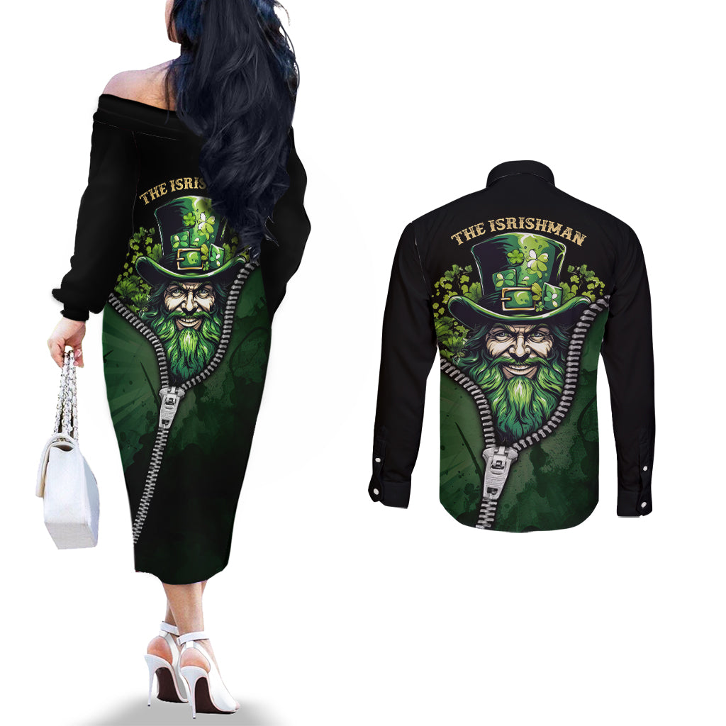 The Irish Man 3D Zip Art Couples Matching Off The Shoulder Long Sleeve Dress and Long Sleeve Button Shirt