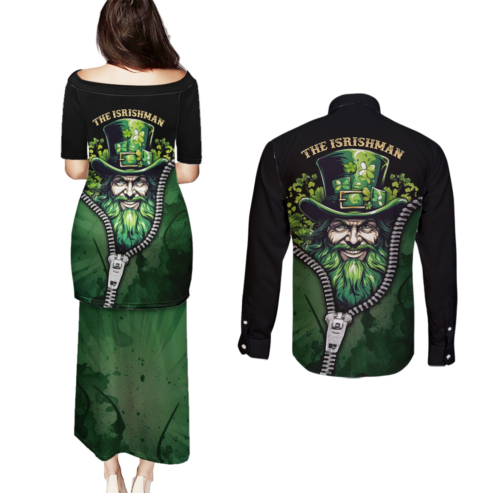The Irish Man 3D Zip Art Couples Matching Puletasi and Long Sleeve Button Shirt - Wonder Print Shop