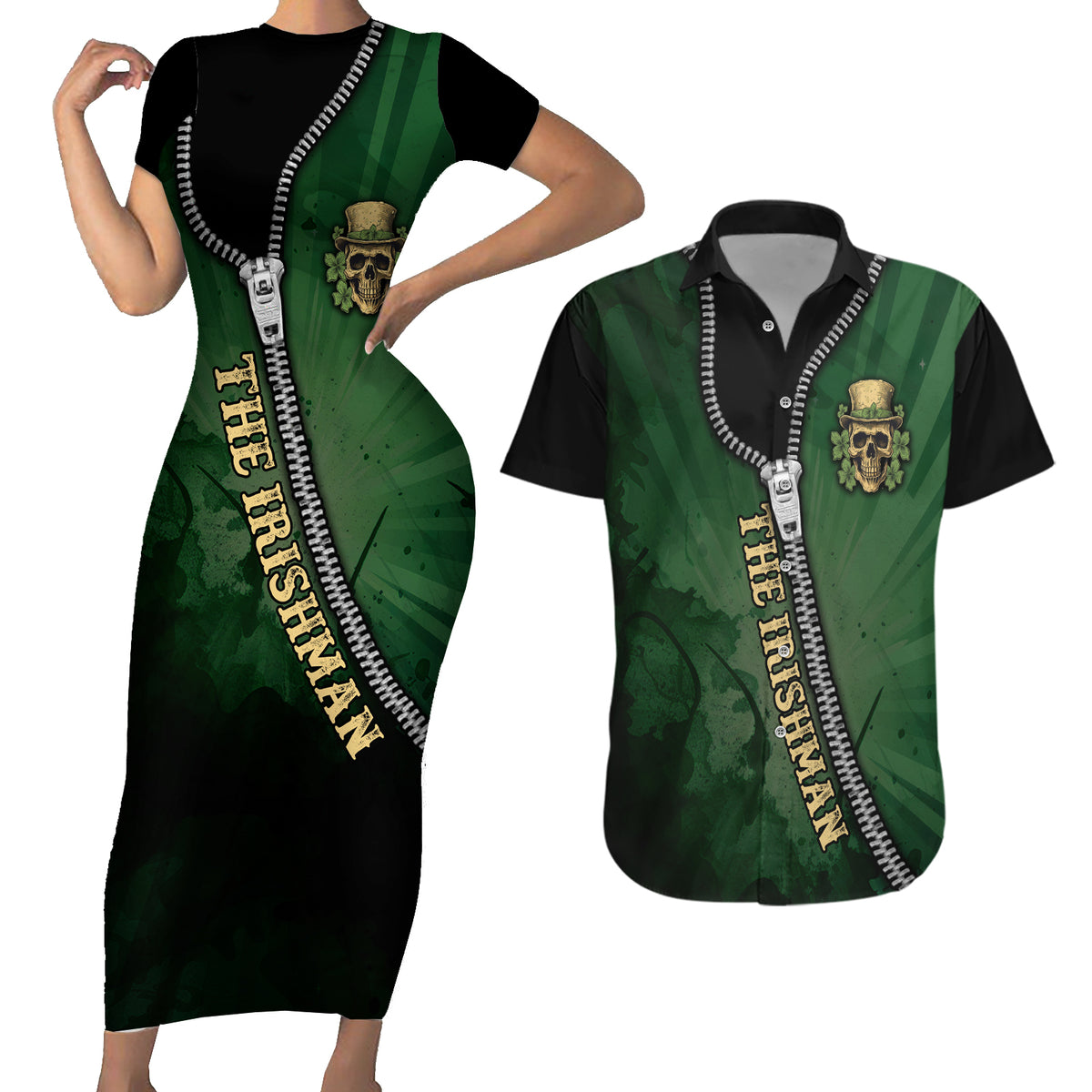 The Irish Man 3D Zip Art Couples Matching Short Sleeve Bodycon Dress and Hawaiian Shirt - Wonder Print Shop
