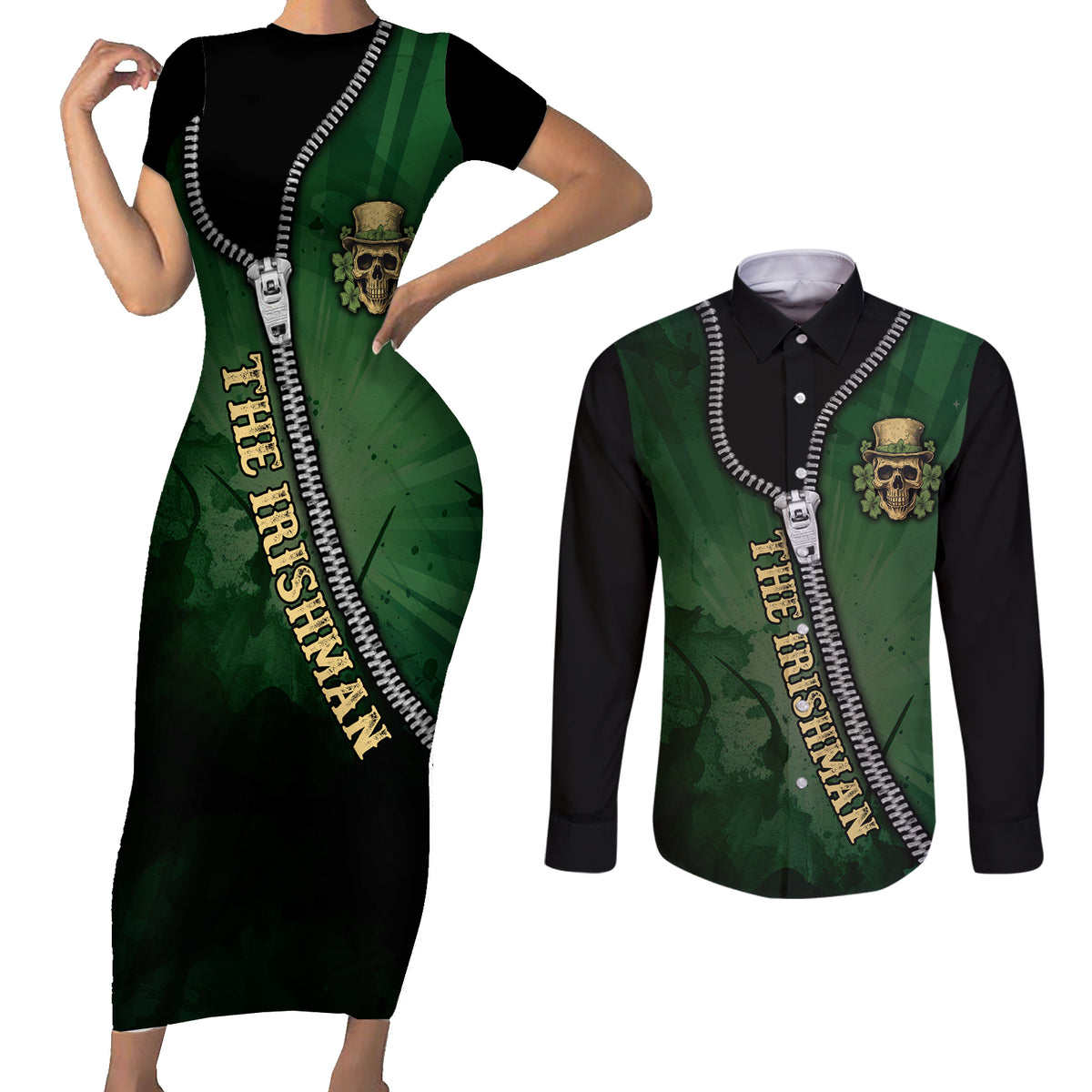 The Irish Man 3D Zip Art Couples Matching Short Sleeve Bodycon Dress and Long Sleeve Button Shirt - Wonder Print Shop