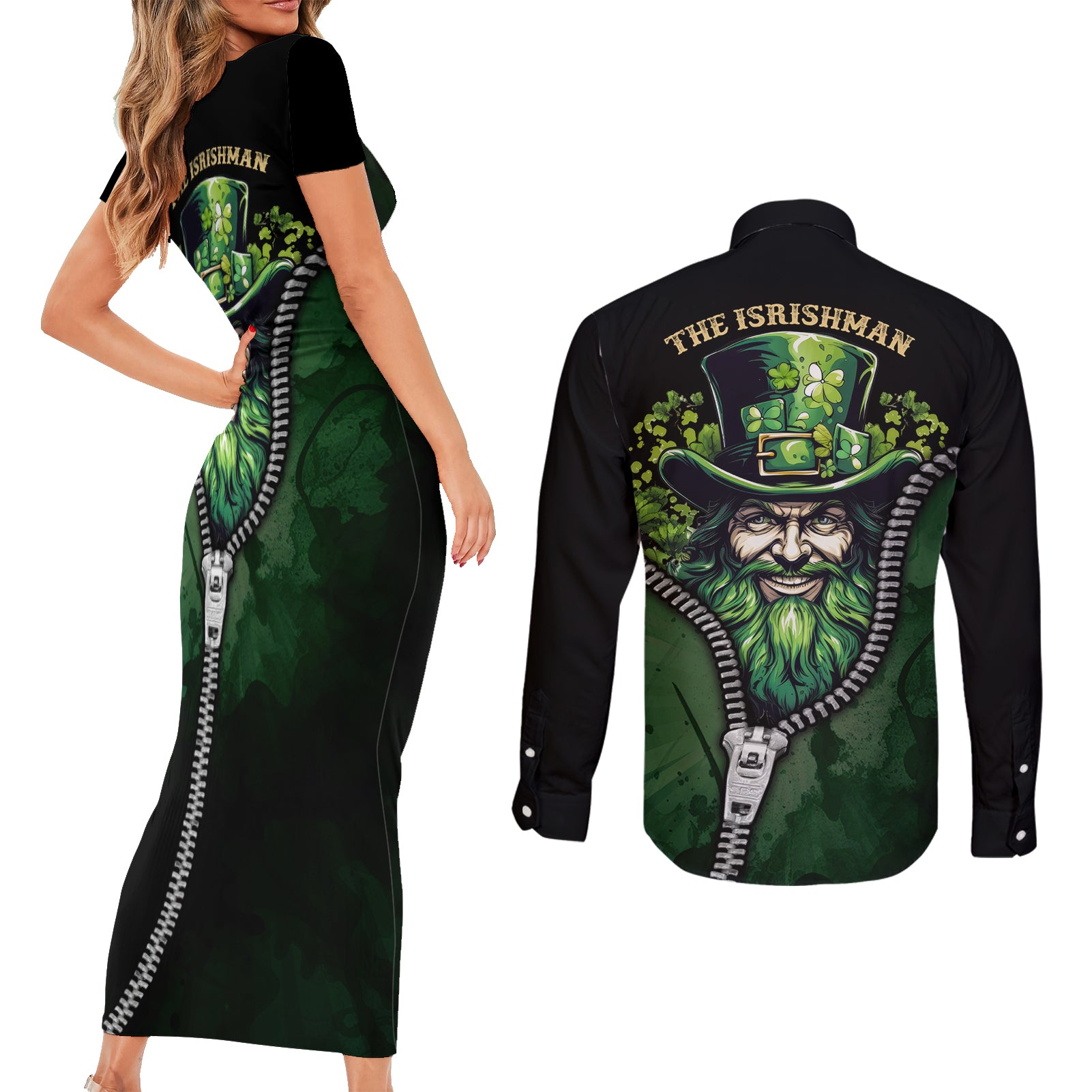 The Irish Man 3D Zip Art Couples Matching Short Sleeve Bodycon Dress and Long Sleeve Button Shirt - Wonder Print Shop