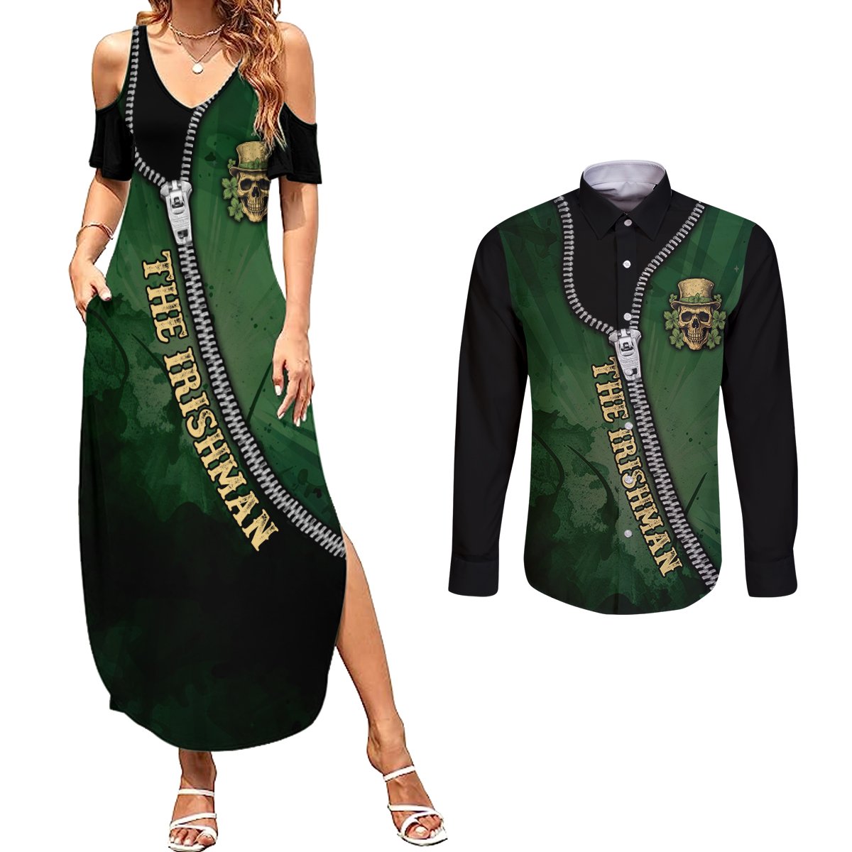 The Irish Man 3D Zip Art Couples Matching Summer Maxi Dress and Long Sleeve Button Shirt - Wonder Print Shop
