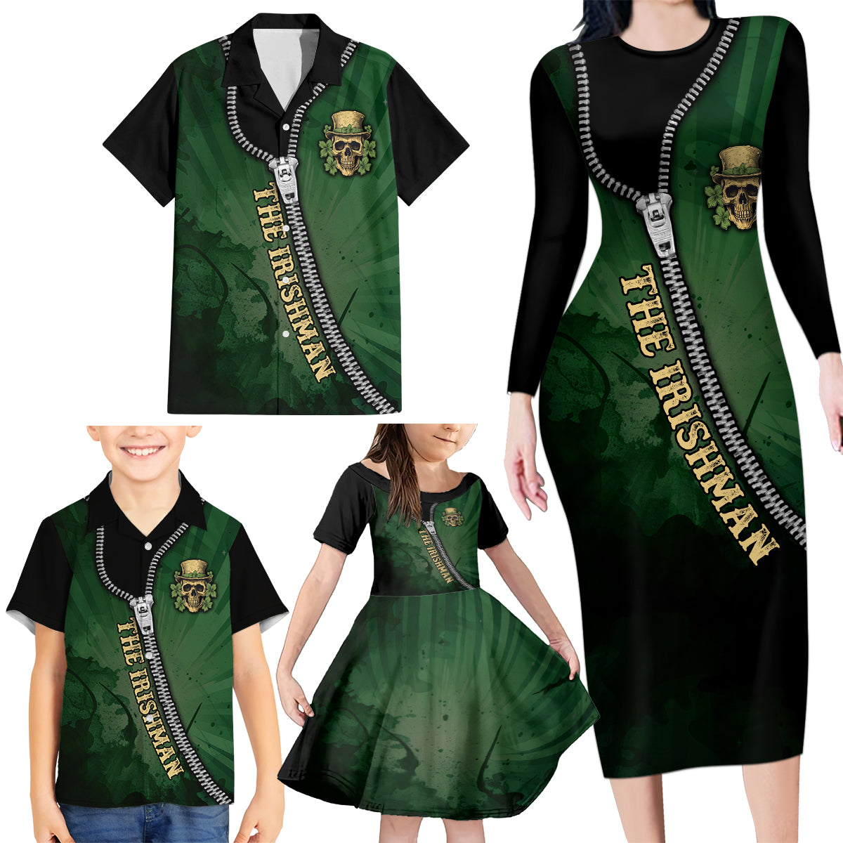 The Irish Man 3D Zip Art Family Matching Long Sleeve Bodycon Dress and Hawaiian Shirt - Wonder Print Shop