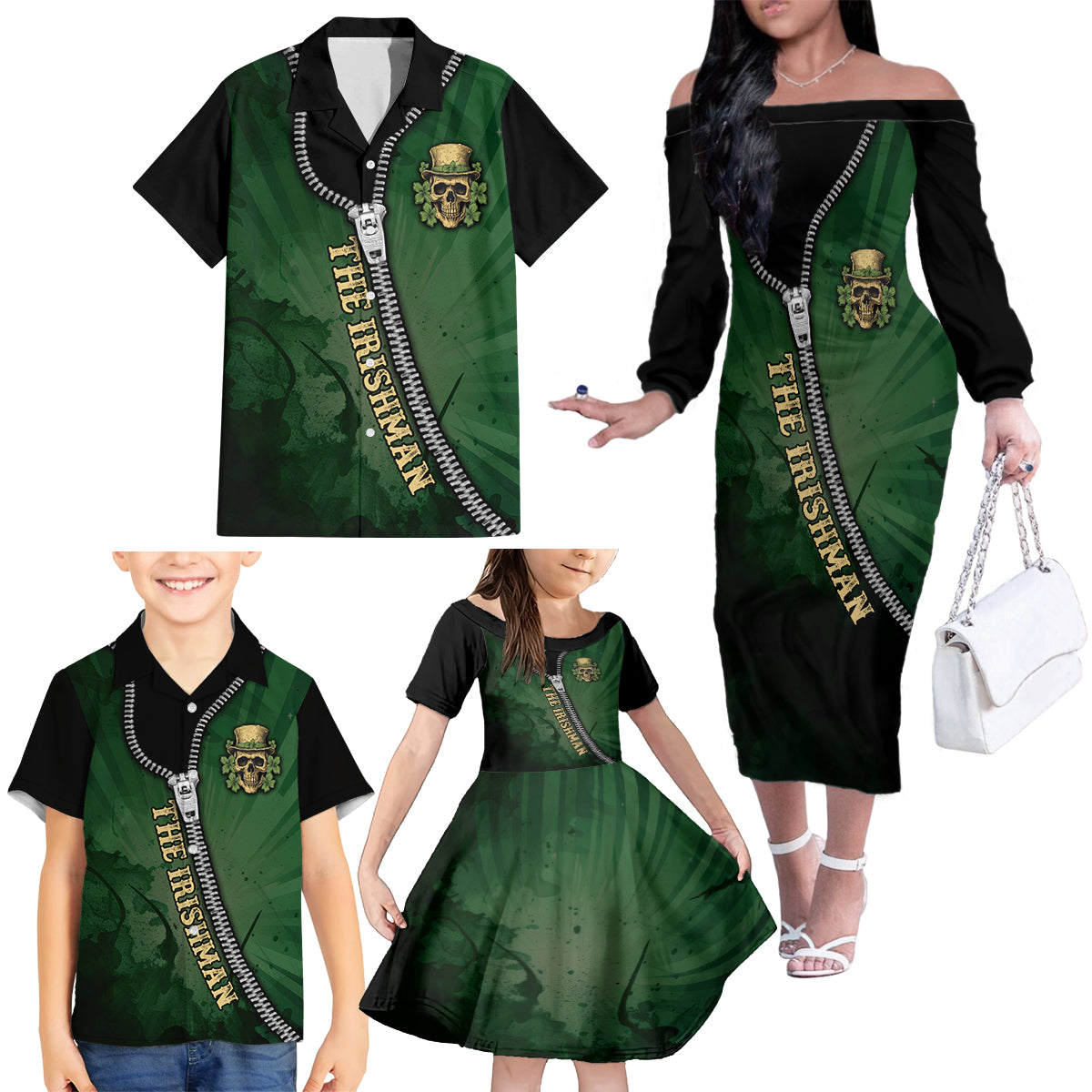 The Irish Man 3D Zip Art Family Matching Off Shoulder Long Sleeve Dress and Hawaiian Shirt - Wonder Print Shop
