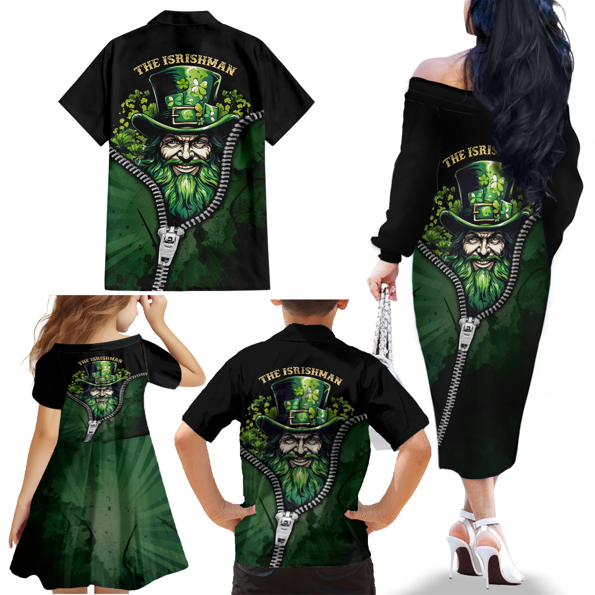 The Irish Man 3D Zip Art Family Matching Off Shoulder Long Sleeve Dress and Hawaiian Shirt - Wonder Print Shop