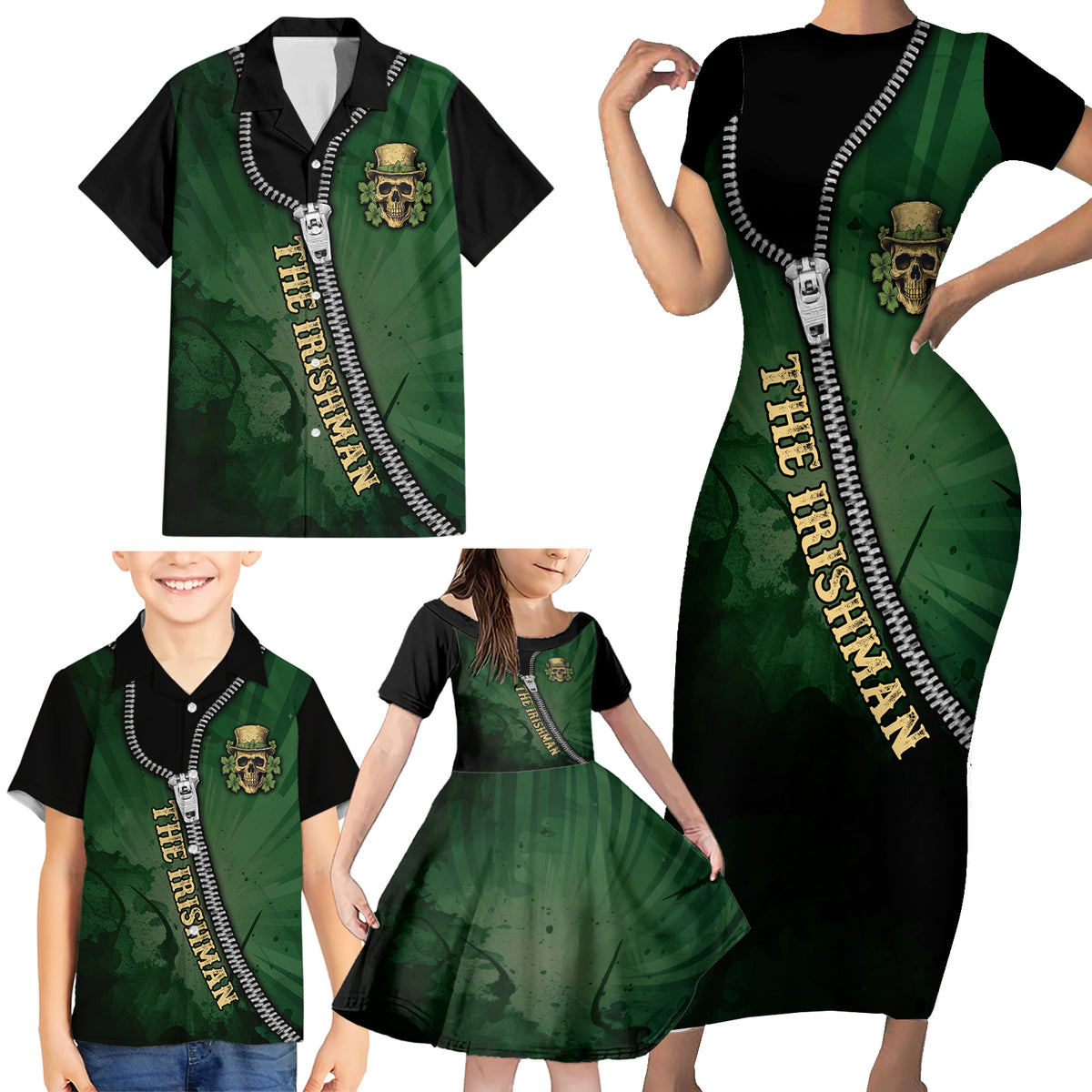 The Irish Man 3D Zip Art Family Matching Short Sleeve Bodycon Dress and Hawaiian Shirt - Wonder Print Shop