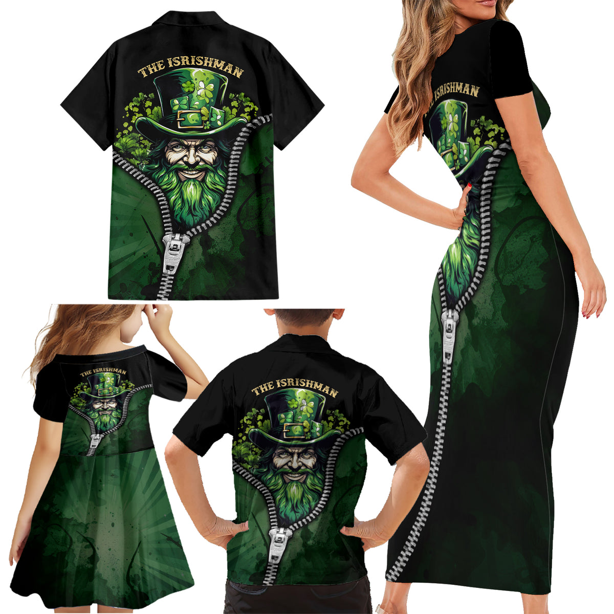 The Irish Man 3D Zip Art Family Matching Short Sleeve Bodycon Dress and Hawaiian Shirt - Wonder Print Shop