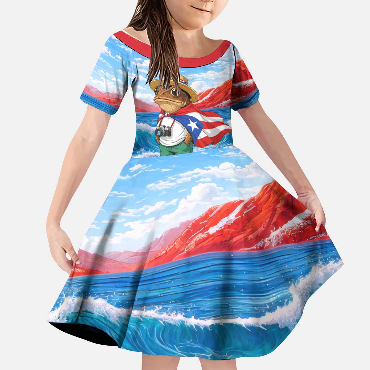 Coqui Frog Puerto Rico Flag Kid Short Sleeve Dress Taino Boricua Puerto Rican