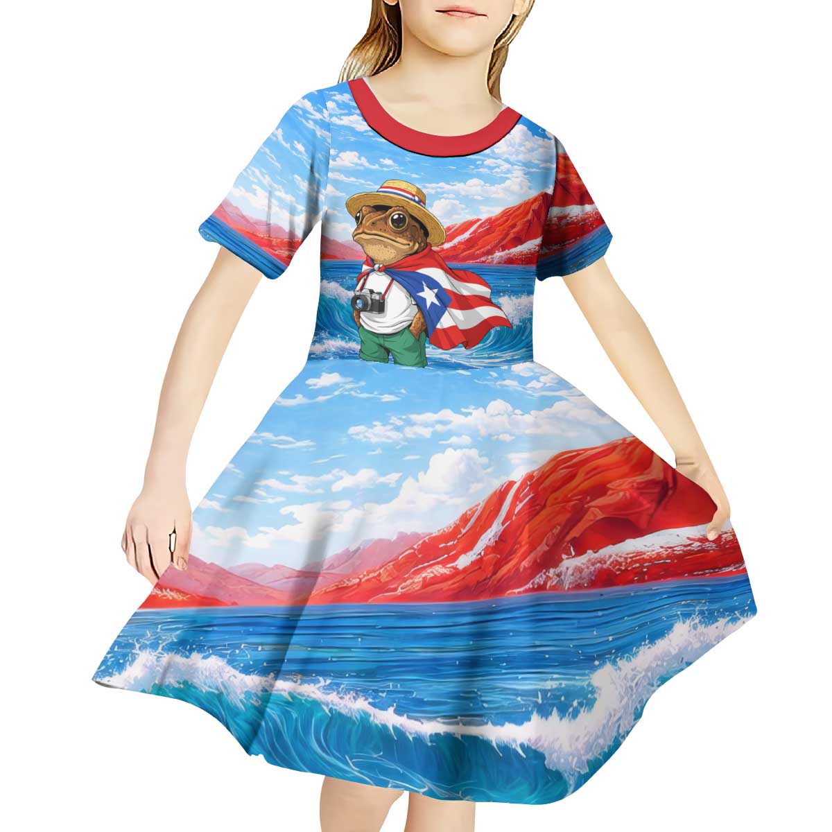 Coqui Frog Puerto Rico Flag Kid Short Sleeve Dress Taino Boricua Puerto Rican