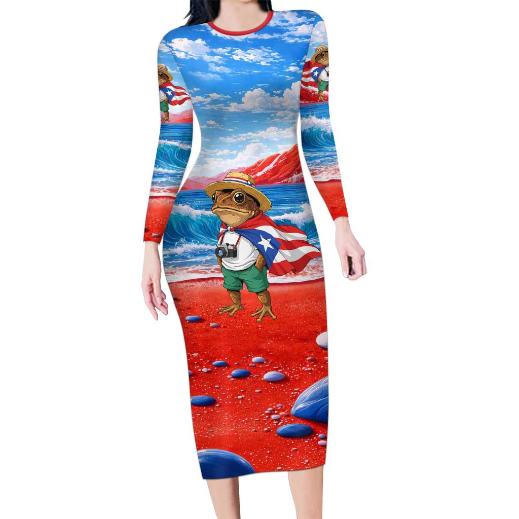 Coqui Frog Puerto Rico Flag Long Sleeve Bodycon Dress Taino Boricua Puerto Rican