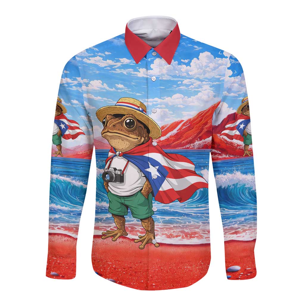 Coqui Frog Puerto Rico Flag Long Sleeve Button Shirt Taino Boricua Puerto Rican