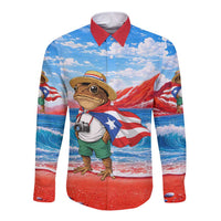 Coqui Frog Puerto Rico Flag Long Sleeve Button Shirt Taino Boricua Puerto Rican
