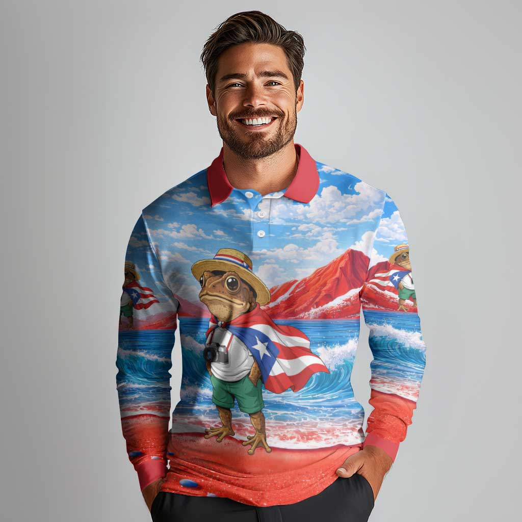 Coqui Frog Puerto Rico Flag Long Sleeve Polo Shirt Taino Boricua Puerto Rican